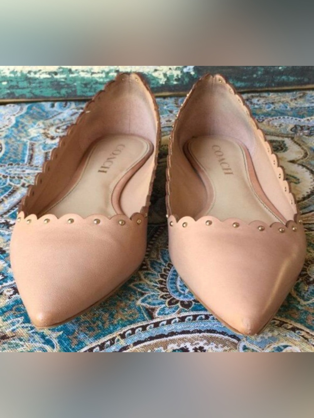 Coach Blush Pink Scalloped Pointed-Toe Flats with Gold Studs size 7